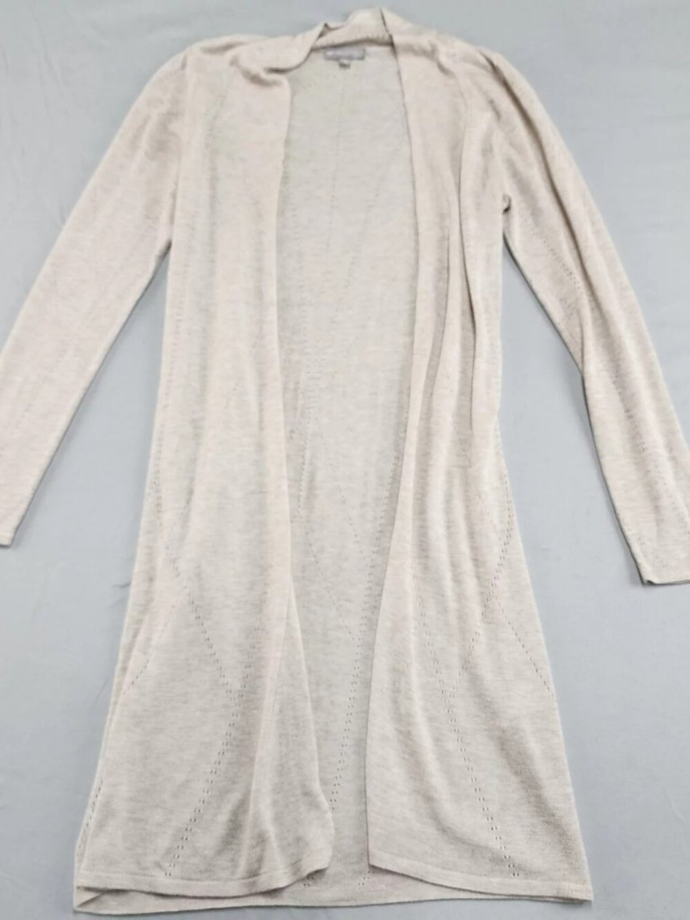 evolution by Cyrus Open Front Cardigan Women's M Beige Pointelle Knit Long Visco